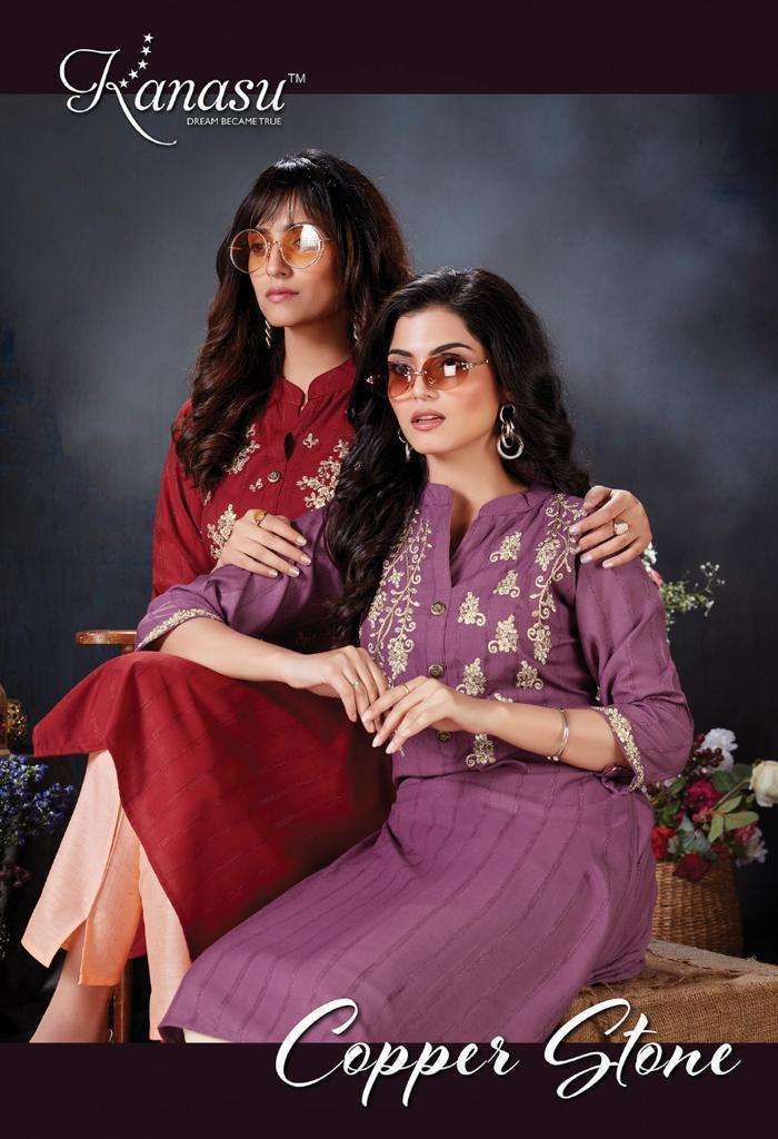 copper stone by kanasu 9601-9608 series cotton fancy kurtis with pant set wholesale price surat gujarat 