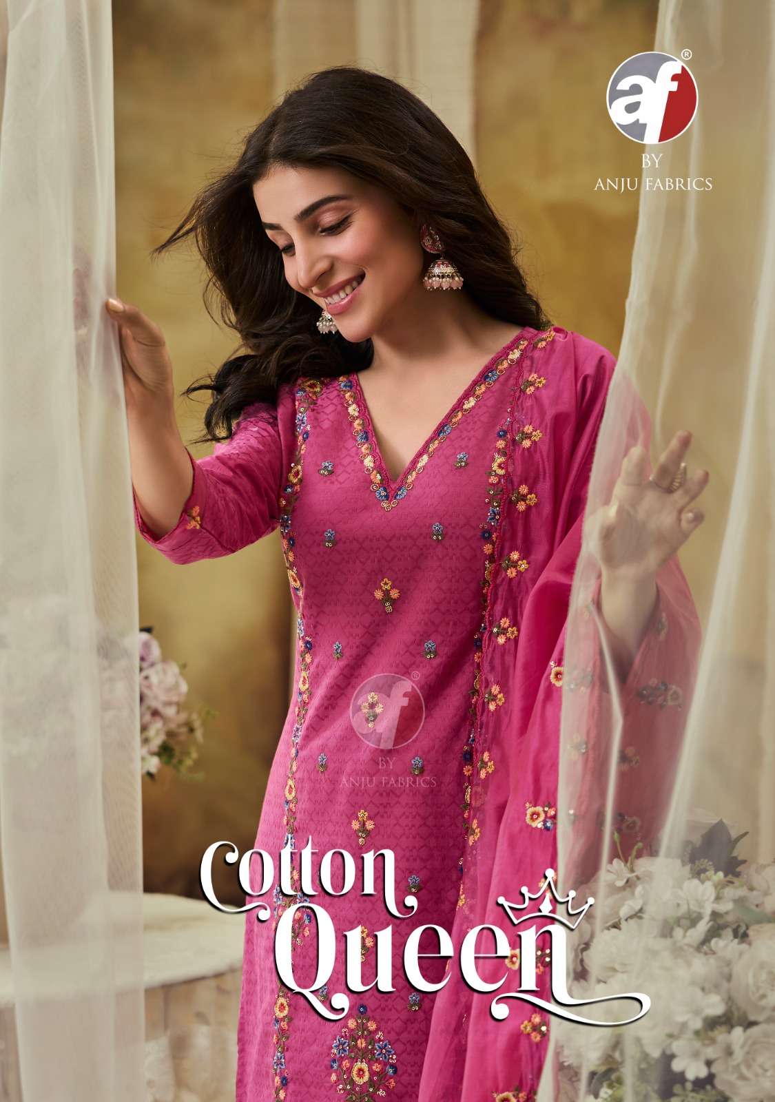 cotton queen by anju fabrics 3741-3745 series heavy embroidery with highlight hand work designer kurtis set online dealer surat gujarat