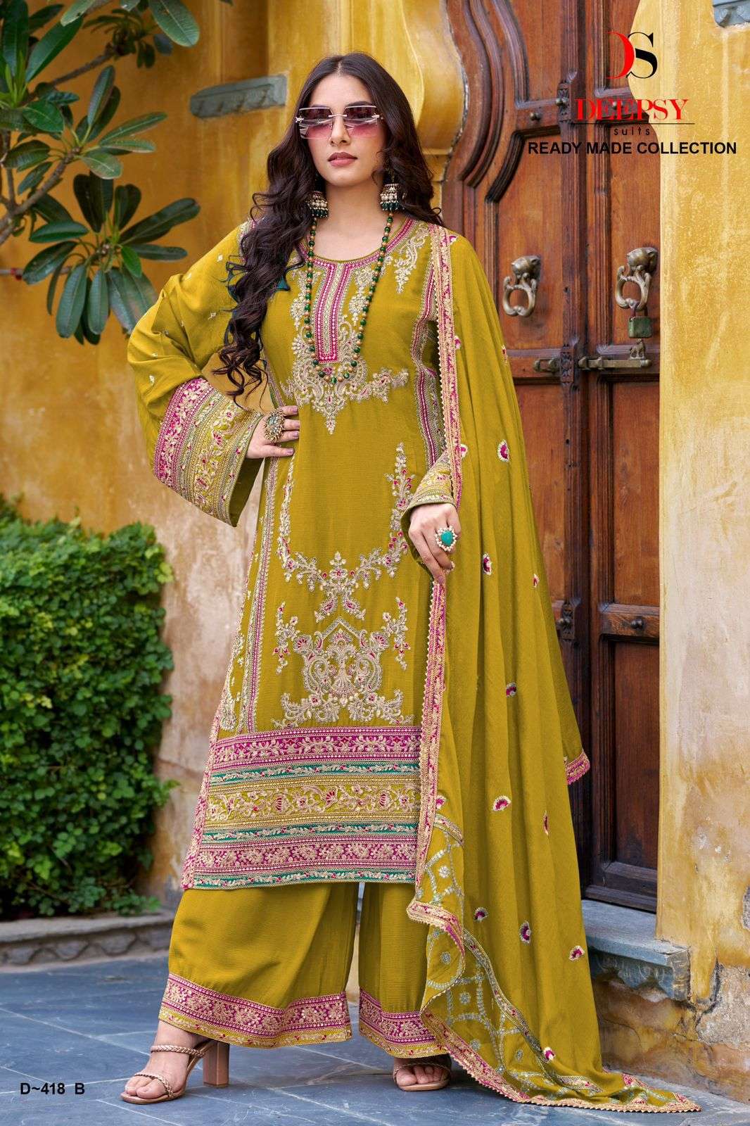 deepsy suits 418 colours ready to wear pure chinon suits wholesale collection surat gujarat 