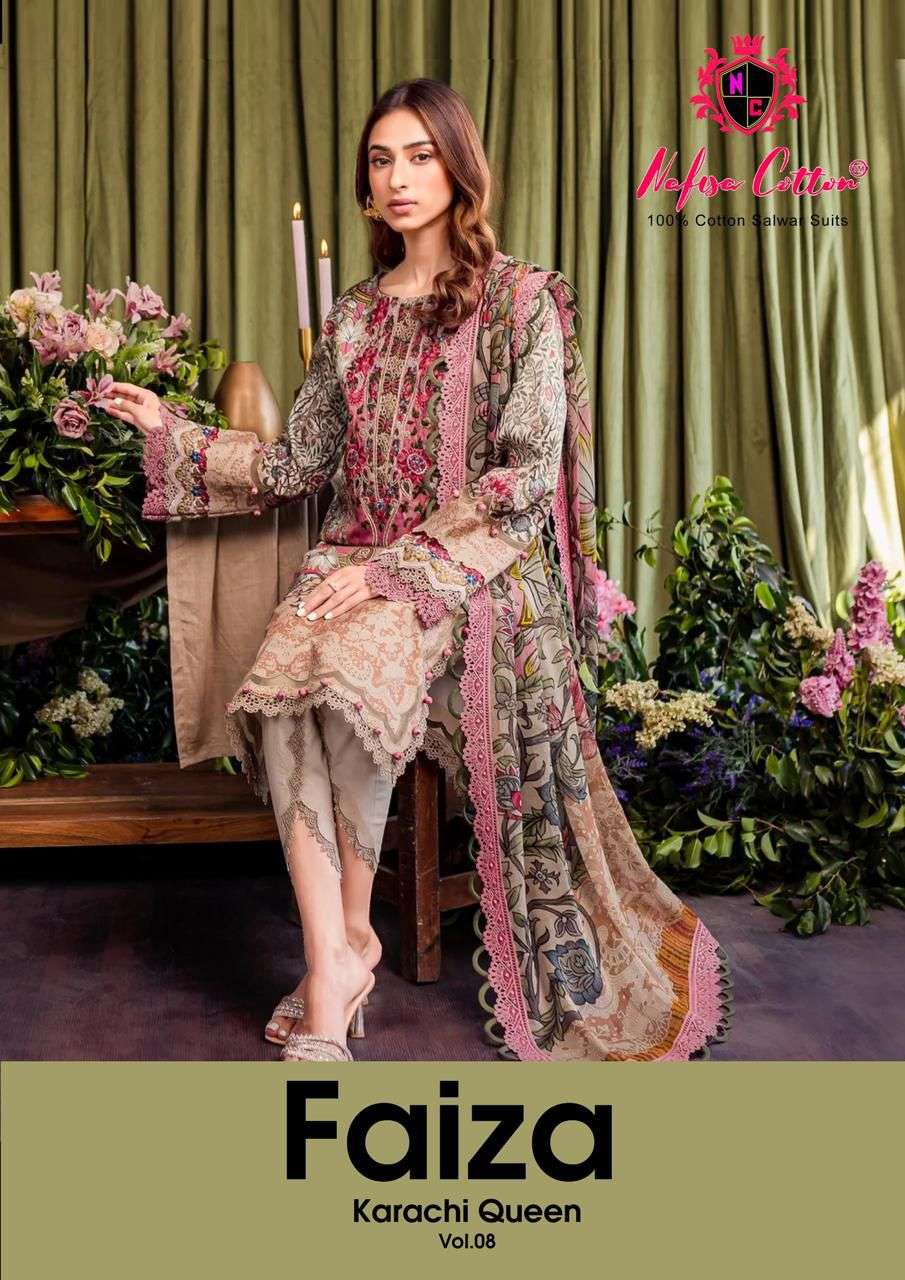 faiza karachi queen vol-8 by nafisa cotton 8001-8006 series cotton salwar kameez wholesale manufacturer surat gujarat