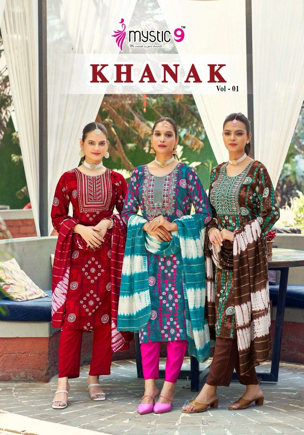 khanak vol-1 by mystic 1001-1008 series rayon designer top bottom with nazmin dupatta set wholesale price surat gujarat