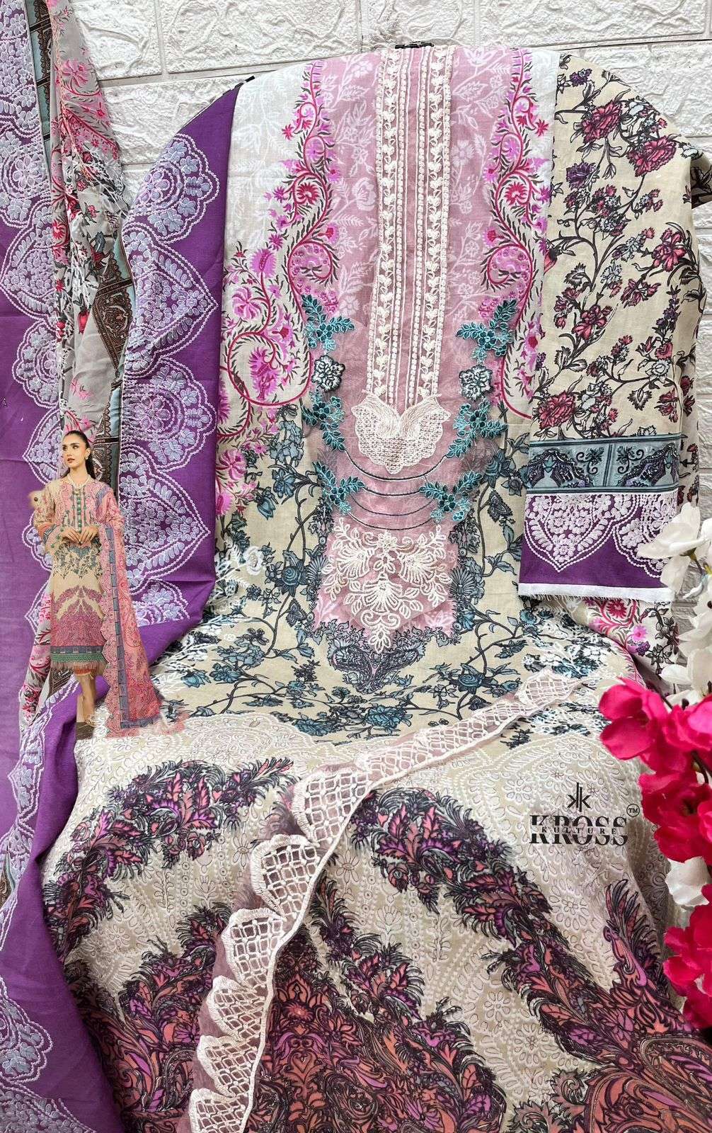 kross kulture 2006-2007 series designer pakistani pure cotton patch embroidred salwar kameez wholesaler 