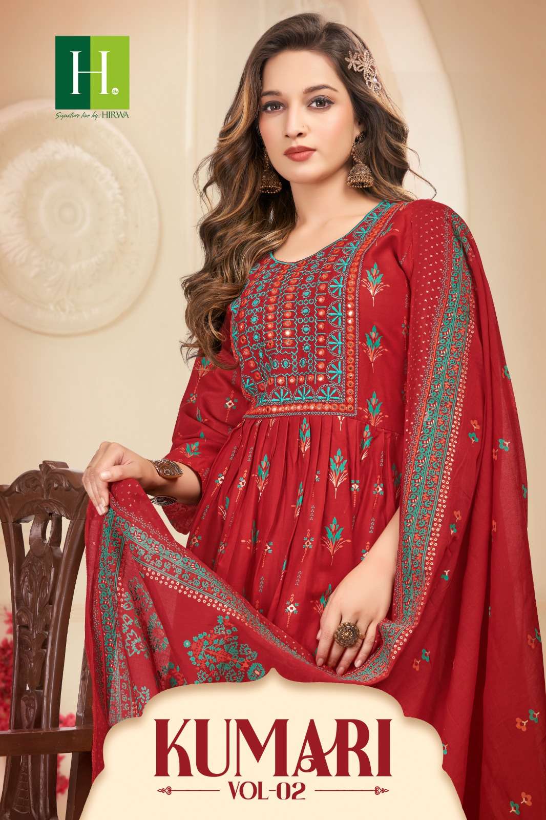 kumari vol-2 by hirwa 201-208 series ghera with neck embroidery designer kurtis set manufacturer surat gujarat 