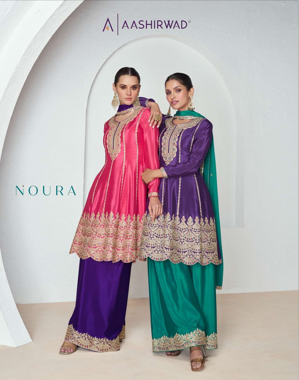 noura by aashirwad creation 9932-9933 series premium chinon silk designer suits party wear wholesale collection surat gujarat