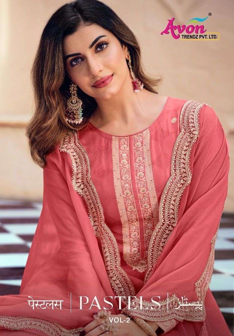 pastels vol-2 by avon trendz organza silk embroidered designer salwar suits wholesale price surat