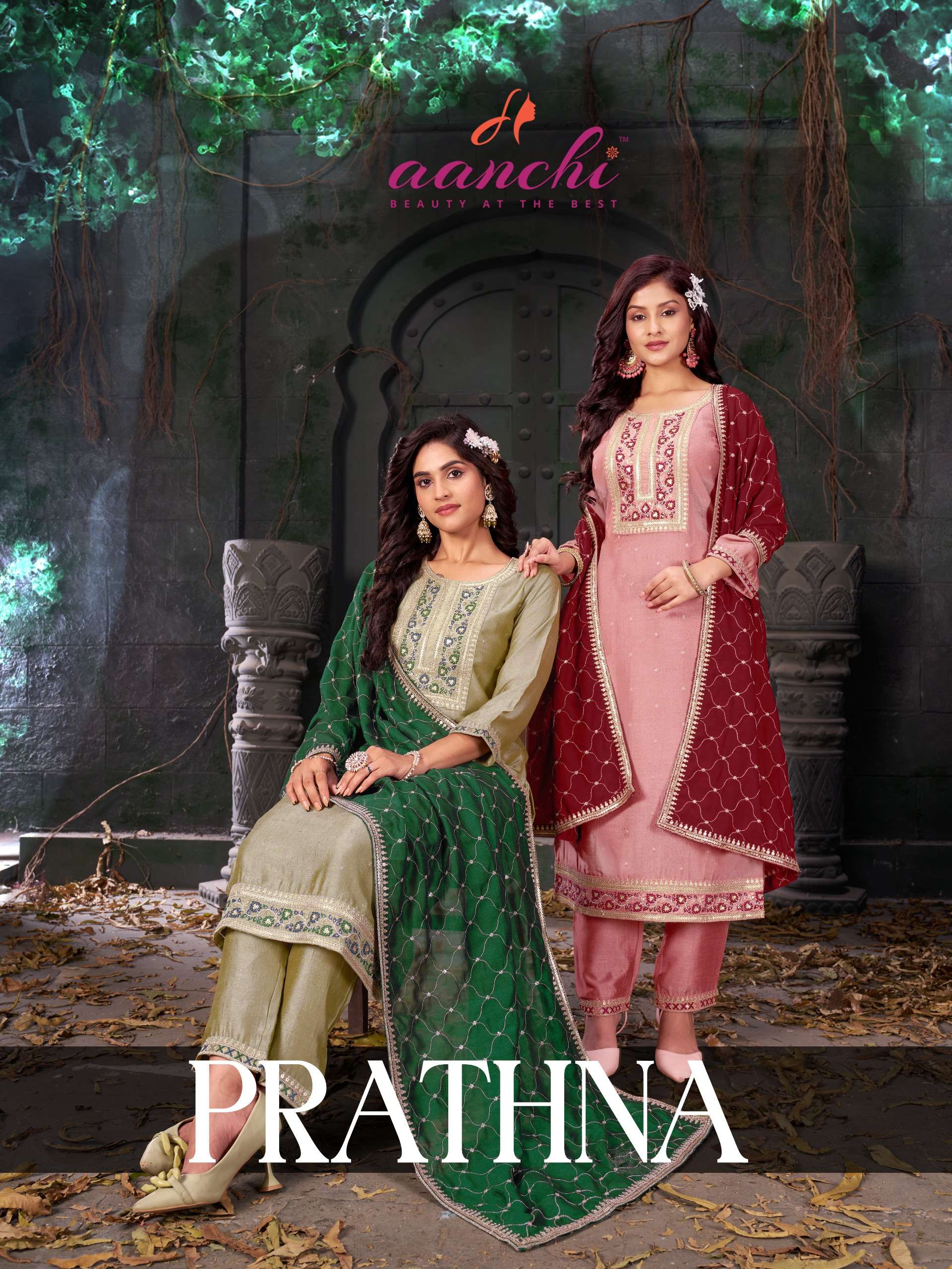 prathna by aanchi 1001-1004 series vichitra top bottom with lining and full dupatta work set wholesale surat gujarat