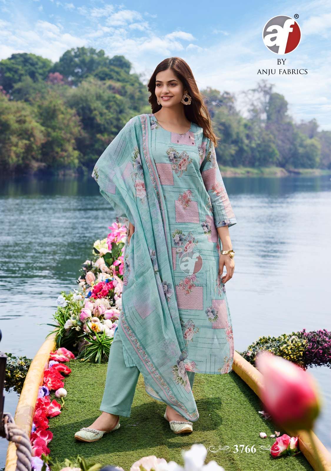 preety petals vol-2 anju fabrics 3761-3766 series fancy designer kurti pant with dupatta set wholesale rate surat gujarat 