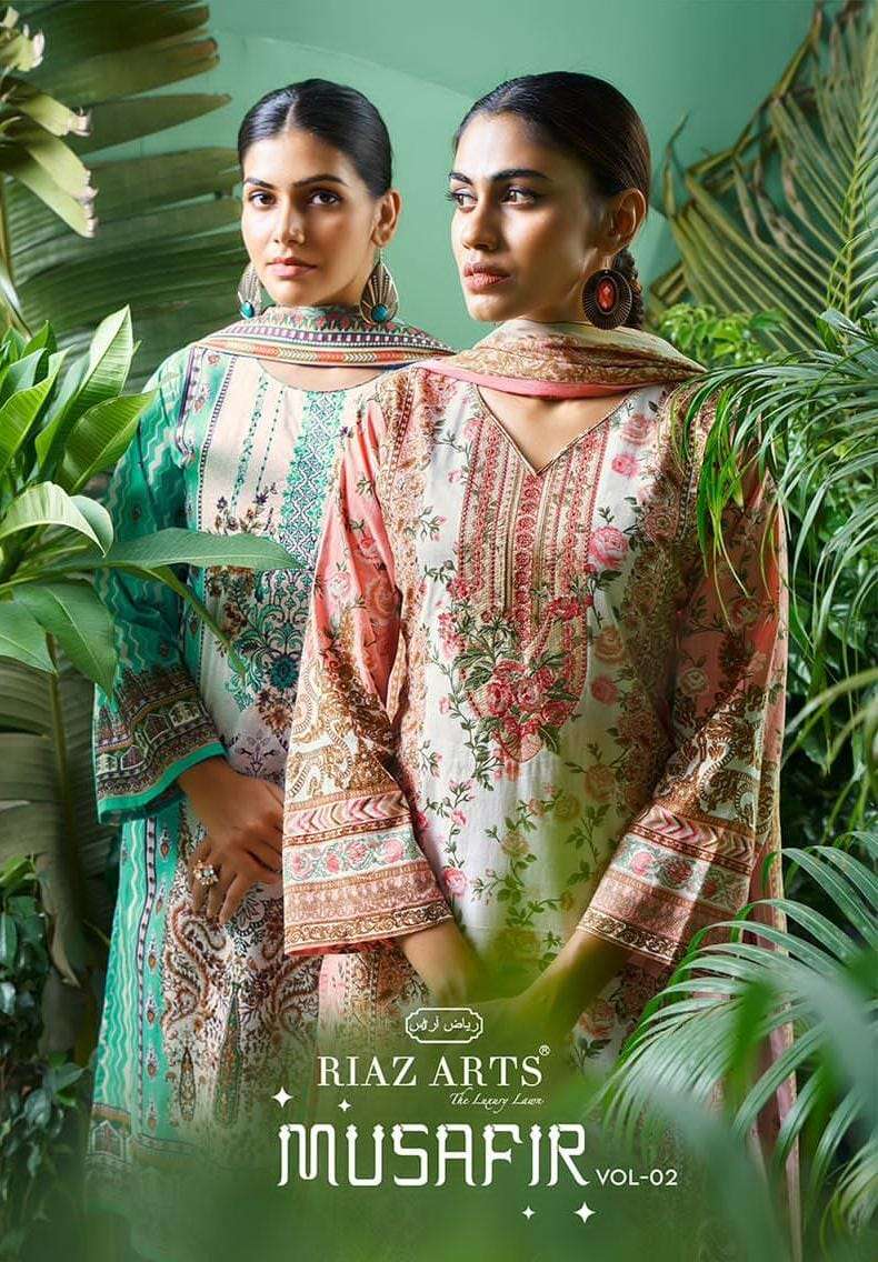 riaz arts by musafir vol 2 2601-2608 series pure lawn cambric embroidred designer karachi catralogue dealer 