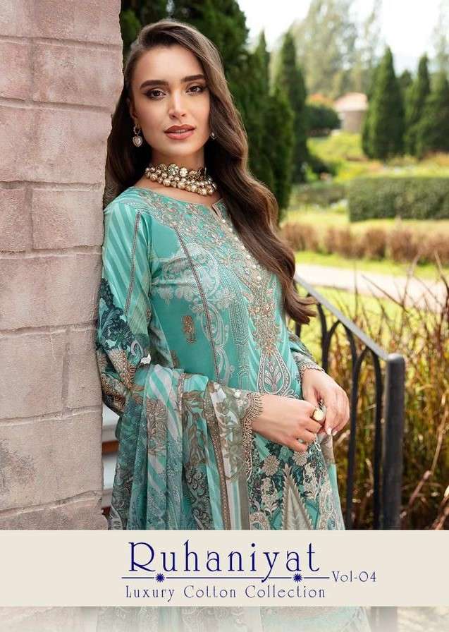 ruhaniyat vol-4 by pratham fashion 4001-4006 series designer pure cotton salwar kameez manufacturer surat gujarat 