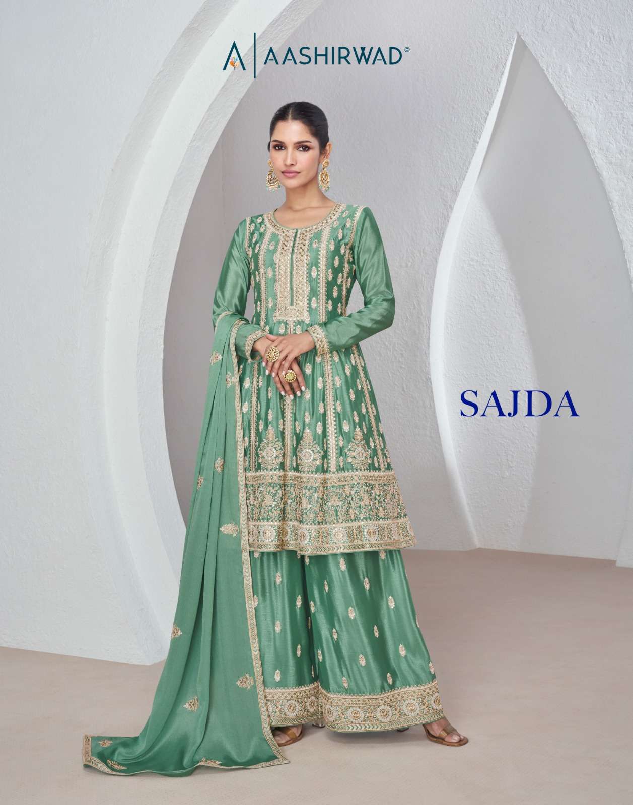 sajda by aashirwad creation 9959-9961 series free size stitched party wear wholesale collection surat gujarat 