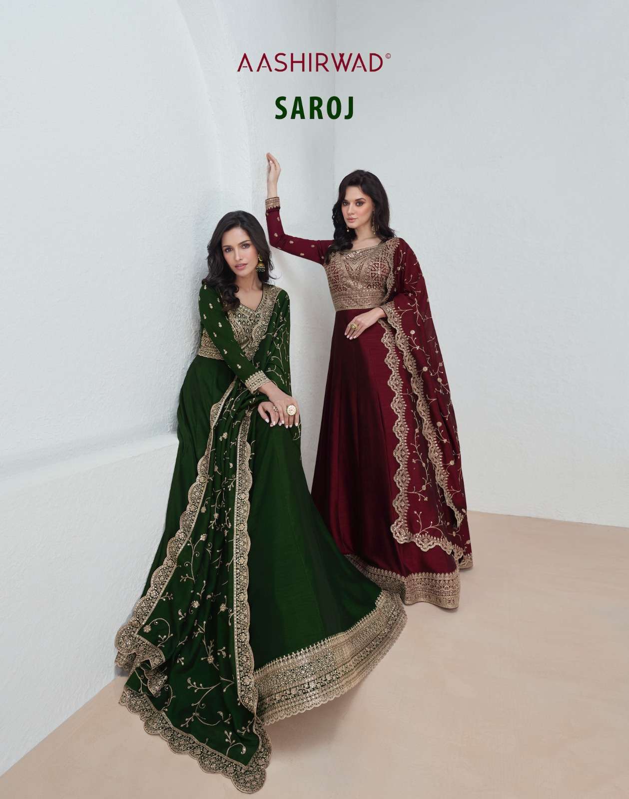 saroj by aashirwad creation 9943-9947 series premium silk designer party wear dress catalogue wholesaler surat gujarat