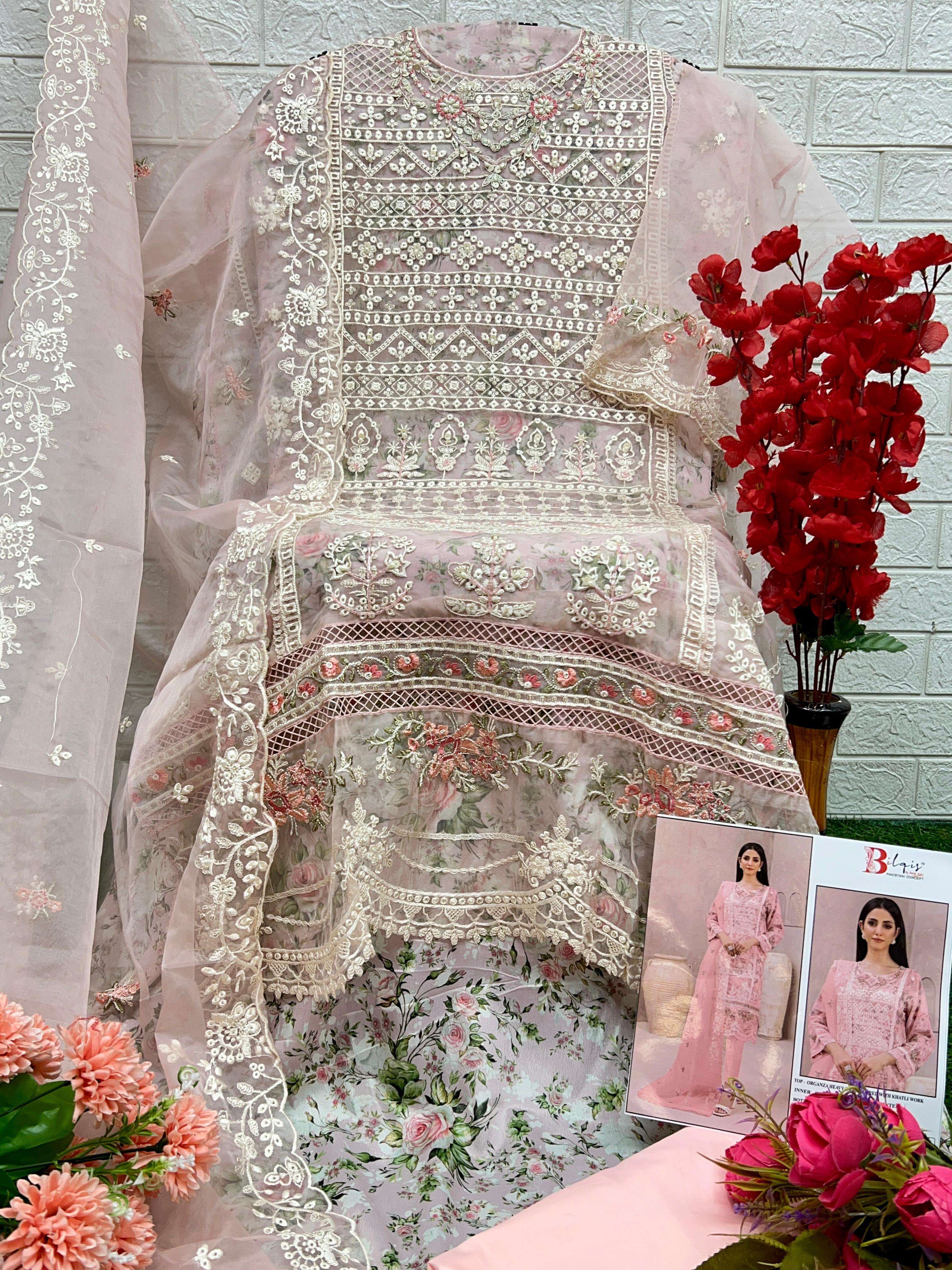 bilqis 56 colour series party wear organza designer embroidred salwar kameez wholesale dealer surat 