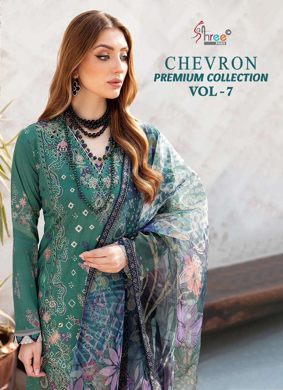 chevron premium collection vol-7 by shree fabs 3569-3575 series fancy designer party wear cotton suits catalogue surat gujarat