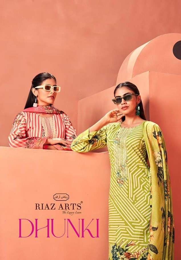 dhunki by riaz arts 2901-2906 series pure lawn karachi style dress material wholesale price surat