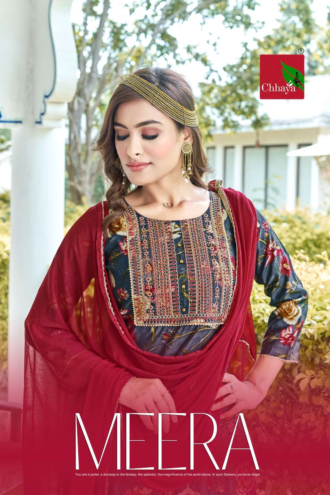 meera by matru chhaya neck embroidery with straight cut style kurti pant with dupatta latest set wholesaler surat gujarat 