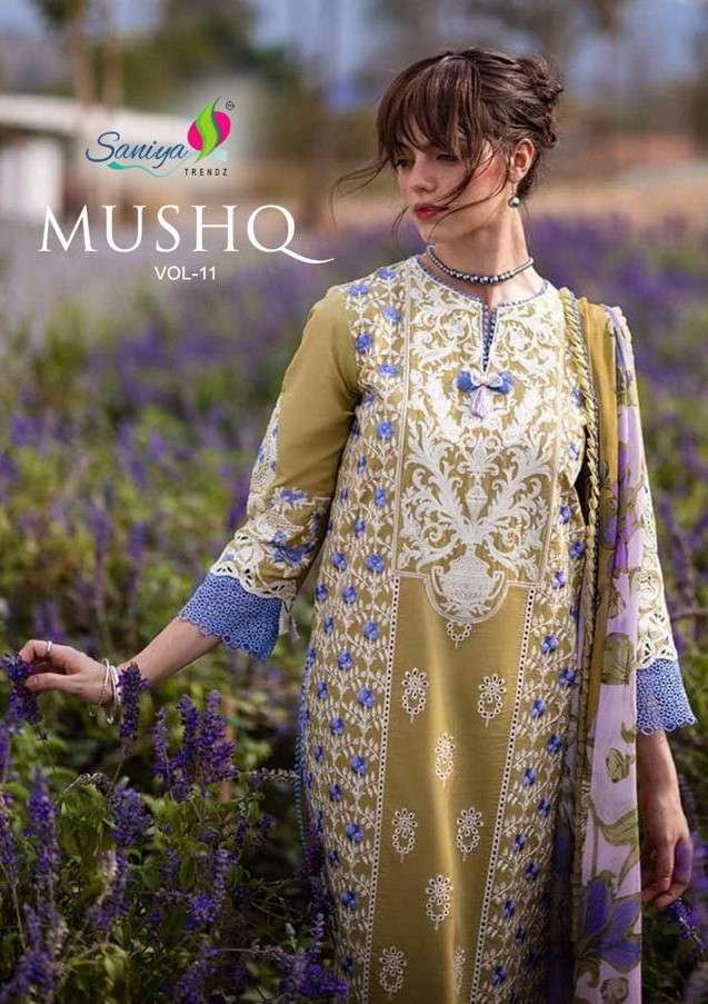 mushq vol-11 by saniya trendz 11001-11003 series pakistani salwar suits wholesale market surat gujarat