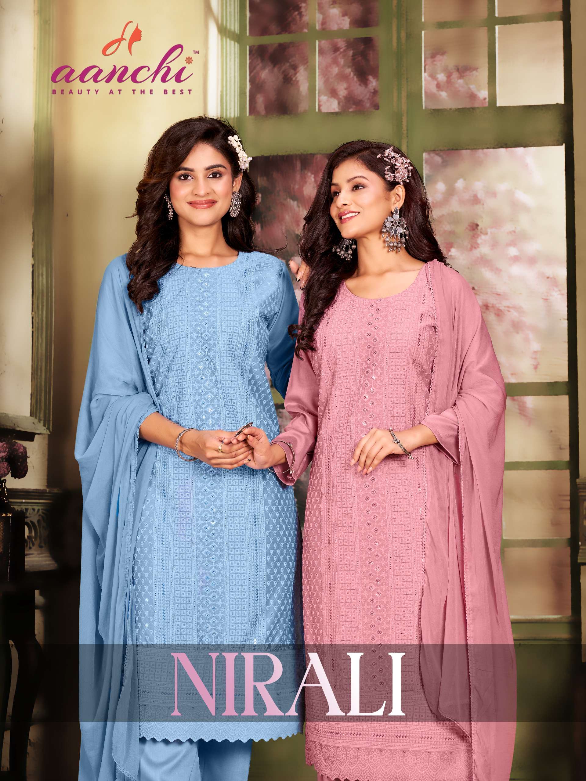 nirali by aanchi chinon kurti pant with nazmeen dupatta catalogue manufacturer surat gujarat 