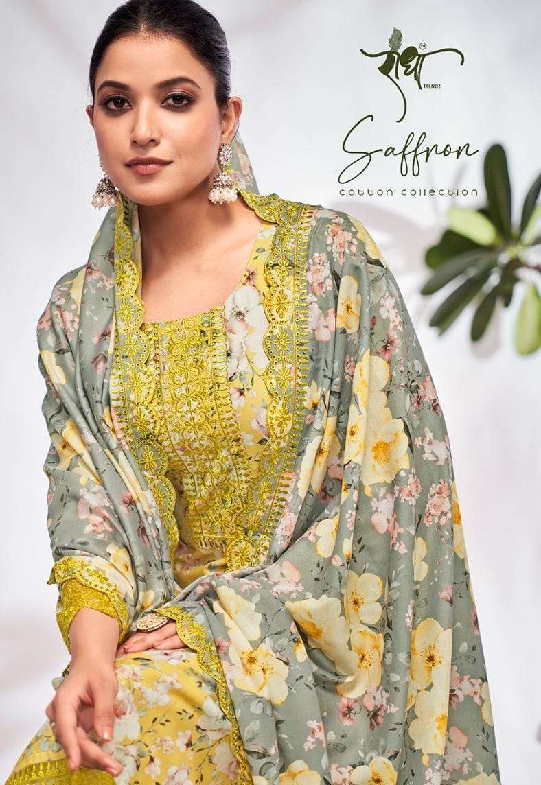 saffron by radha trendz 7001-7006 series pure cotton designer salwar kameez catalogue dealer surat gujarat