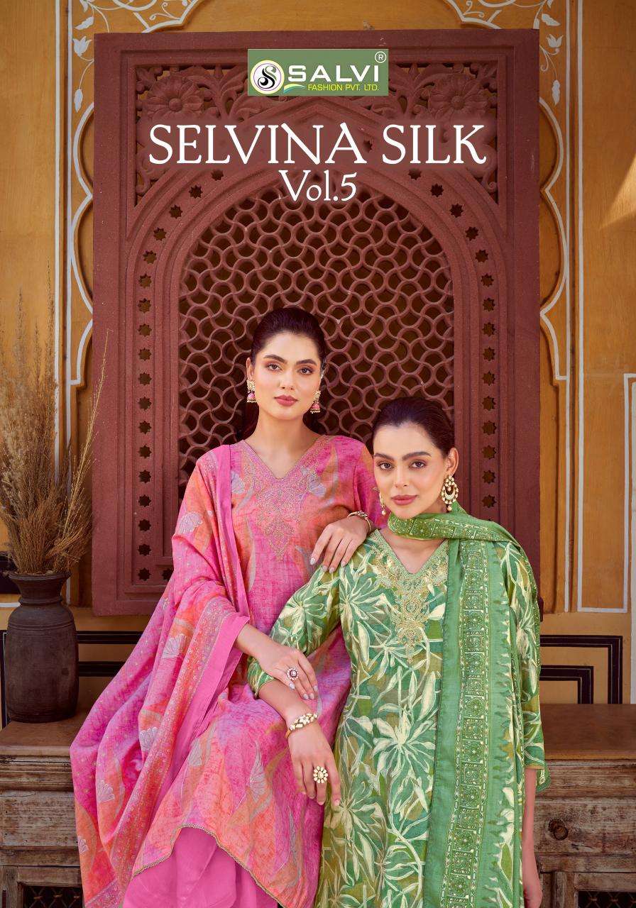 salvi fashion selvina silk vol 5 5001-5008 series designer modal silk foil embroidred salwar kameez catalogue wholesale price surat 