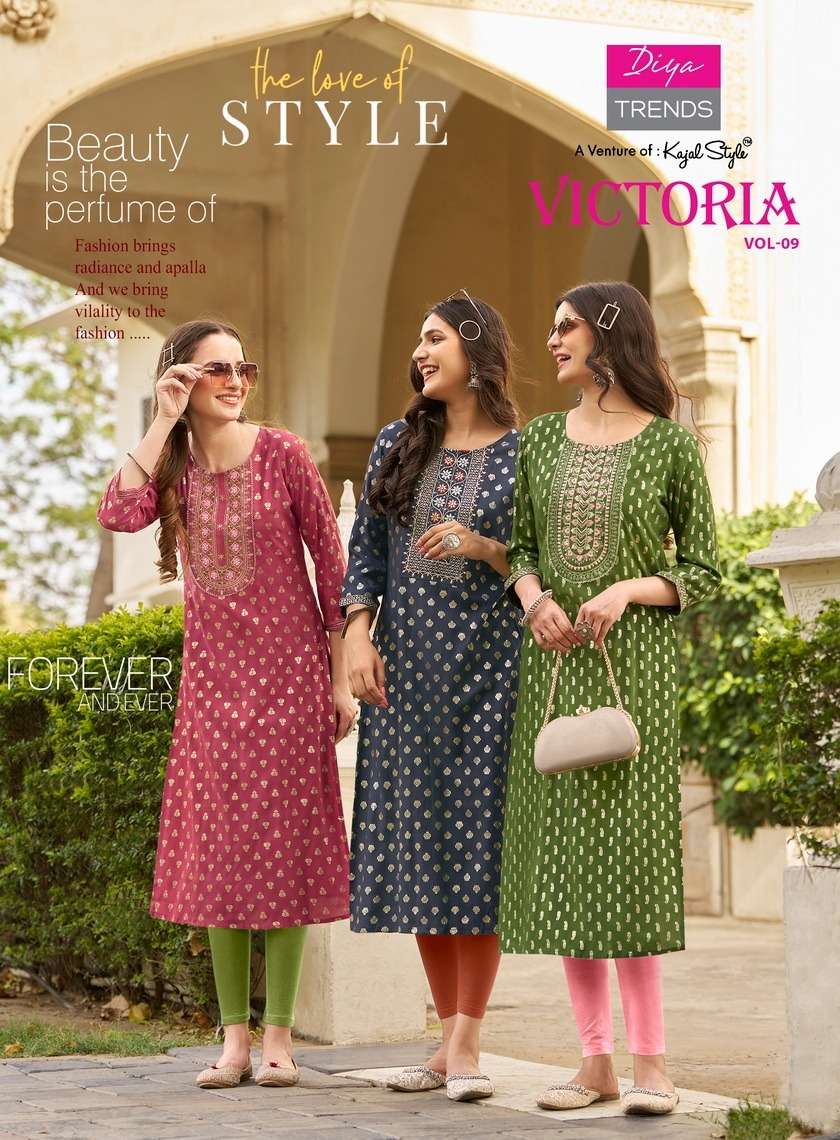 victoria vol-9 diya trends 9001-9012 series rayon designer kurtis wholesale collection surat gujarat 