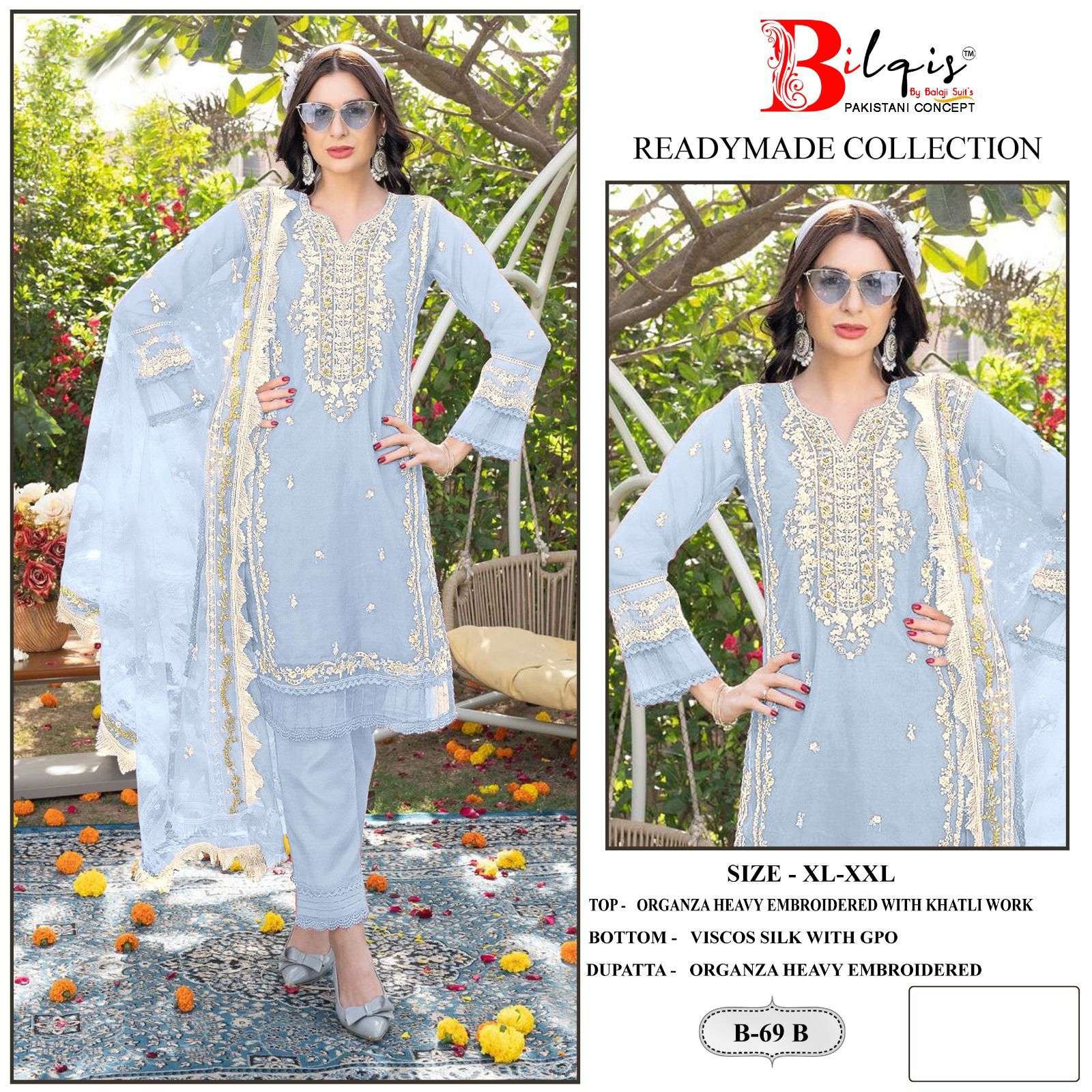 bilqis 69 exclusive organza embroidred khatli work ready to wear suits buy online wholesaler surat 