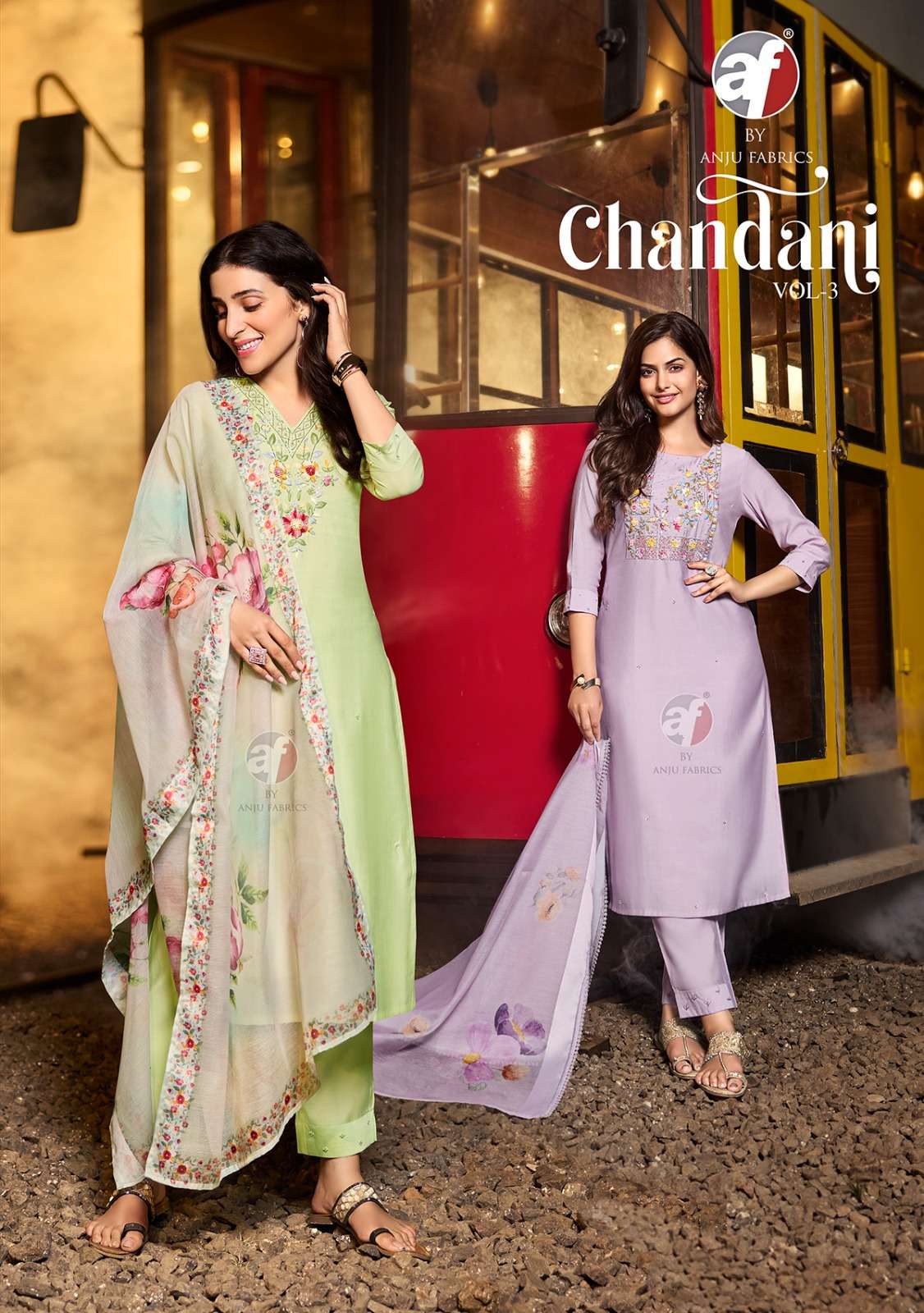 chandani vol-3 by anju fabrics 3731-3736 series kurti pant with digital dupatta set latest design collection 2024