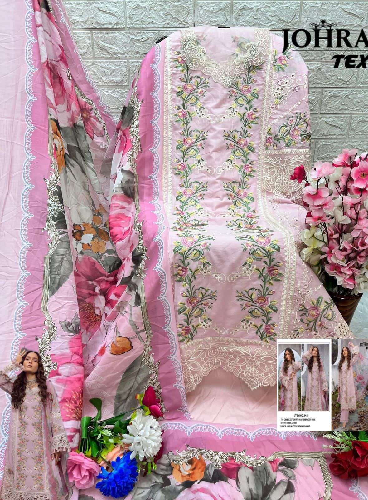 johra tex 143-145 series party wear cambric cotton embroidred unstich dress material pakistani catlogue 