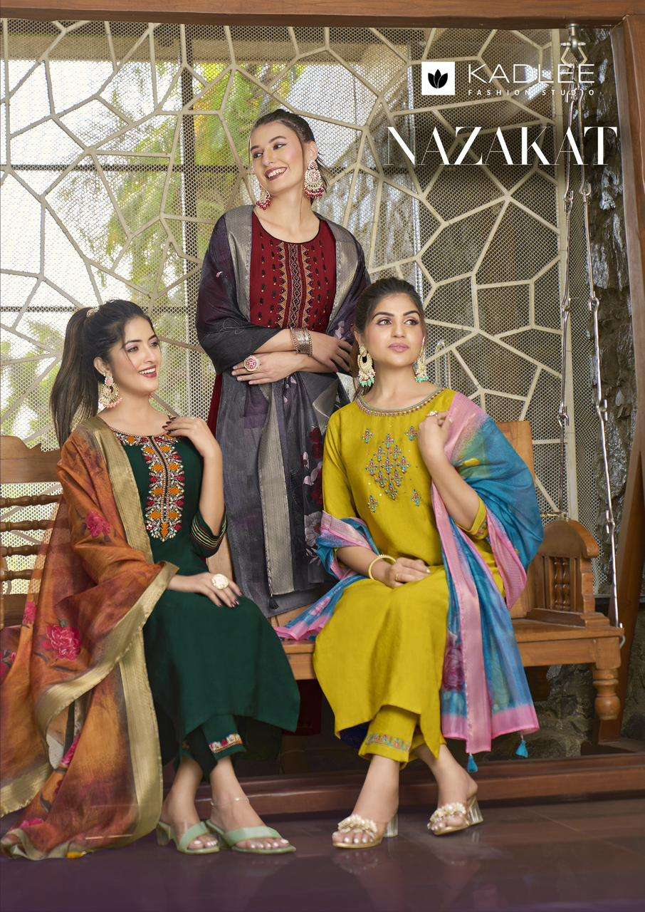 nazakat by kadlee 1001-1006 series trendy look designer kurtis latest catalogue collection surat gujarat 