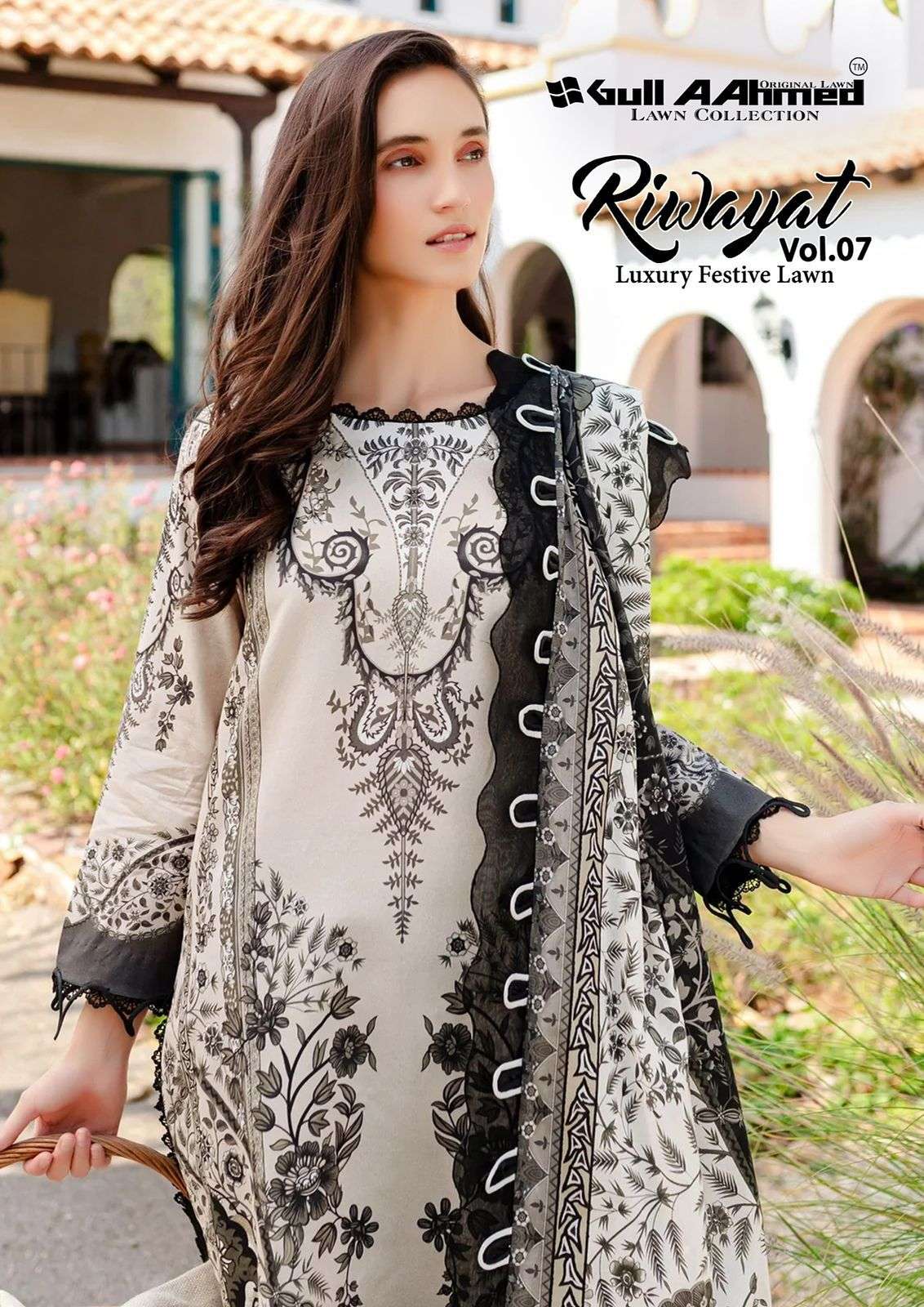 riwayat vol-7 by gull aahmed 7001-7006 series pure lawn collection with mal mal dupatta catalogue surat gujarat