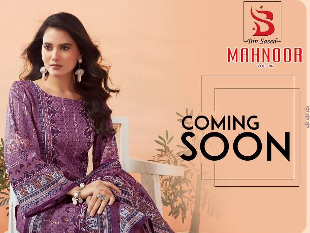 saanvi bin saeed mahnoor vol 6 6001-6006 series pure lawn cotton un stich new collection wholesale dealer surat 