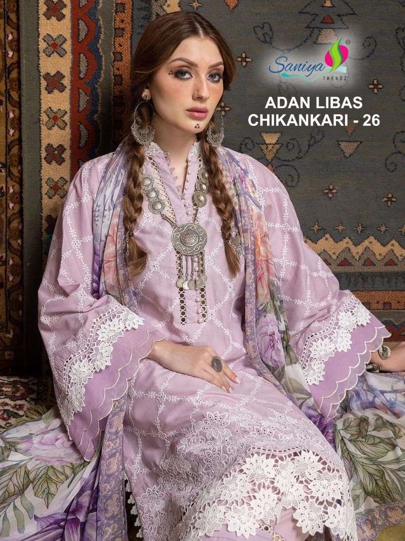 adan libas chikankari vol-26 by saniya trendz 26001-26004 series cotton embroidered fancy pakistani salwar suits collection surat gujarat