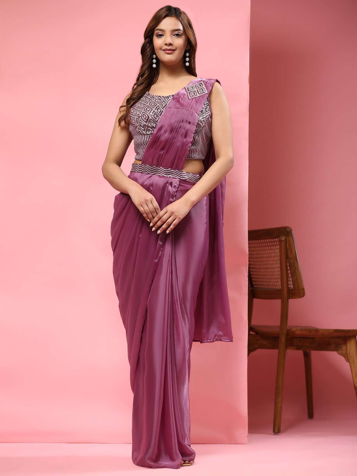 amoha trendz a329 imported satin fabric and belt ready to wear saree party wear collection surat gujarat 