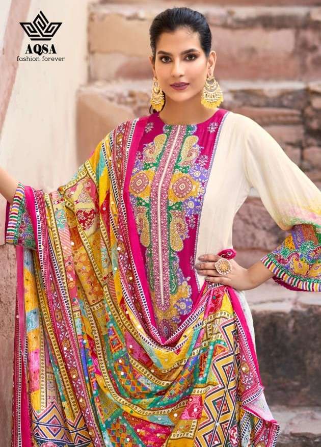 aqsa rameen 1001-1004 series party wear pure bemberg viscose muslin silk digital printed salwar kameez collection 