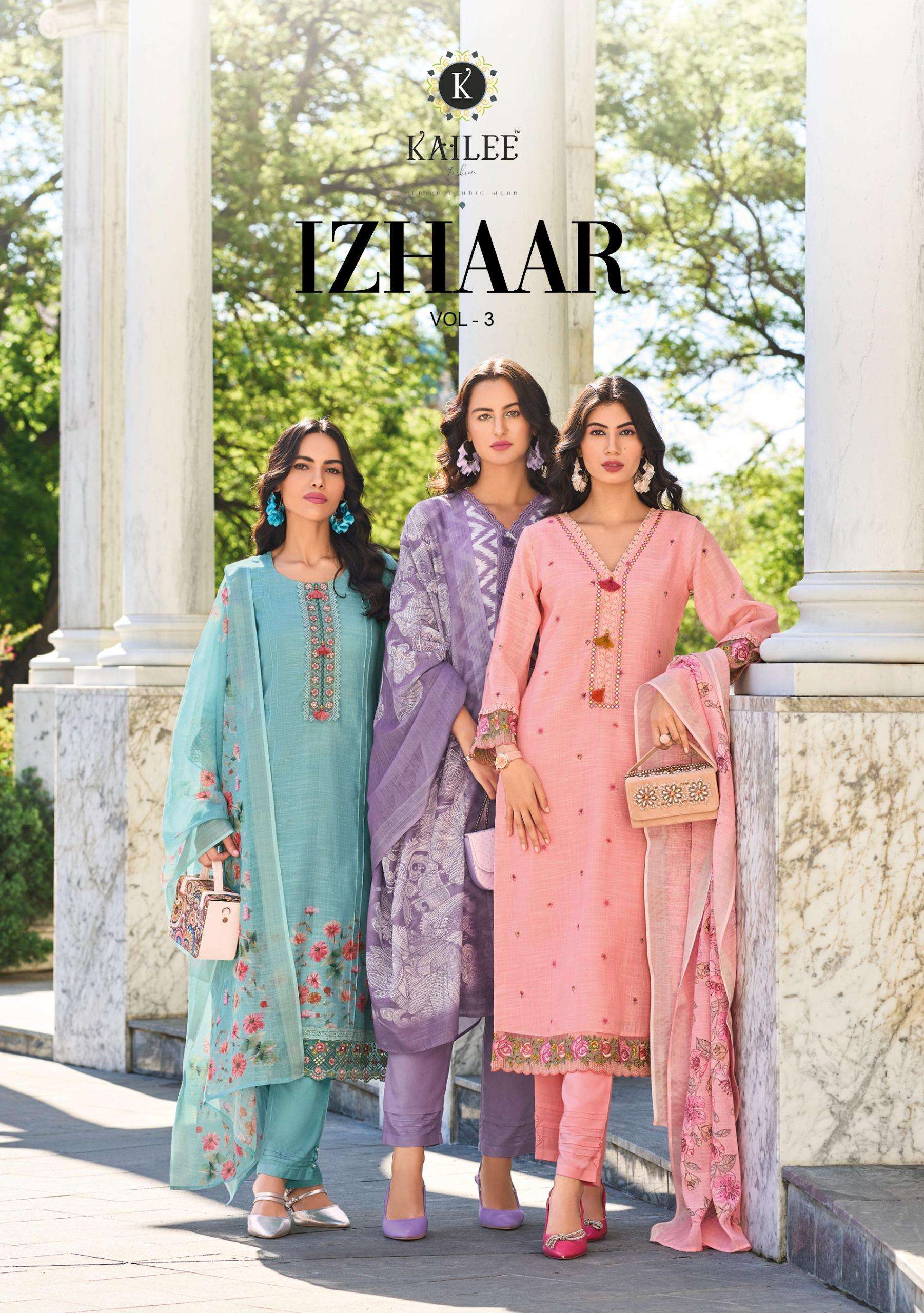 kaliee izhaar vol 3 42731-42736 series designer linen fabric unstich ladies wear collection wholesalers  