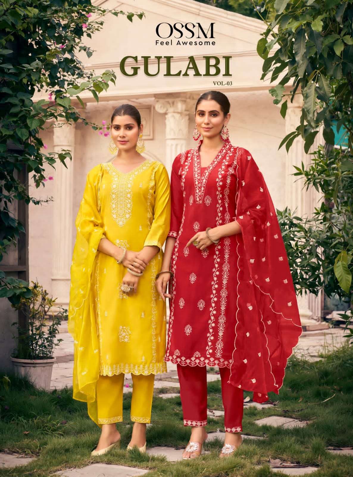 ossm gulabi vol 3 1001-1006 series viscose roman silk ready made suits buy online dealer surat 