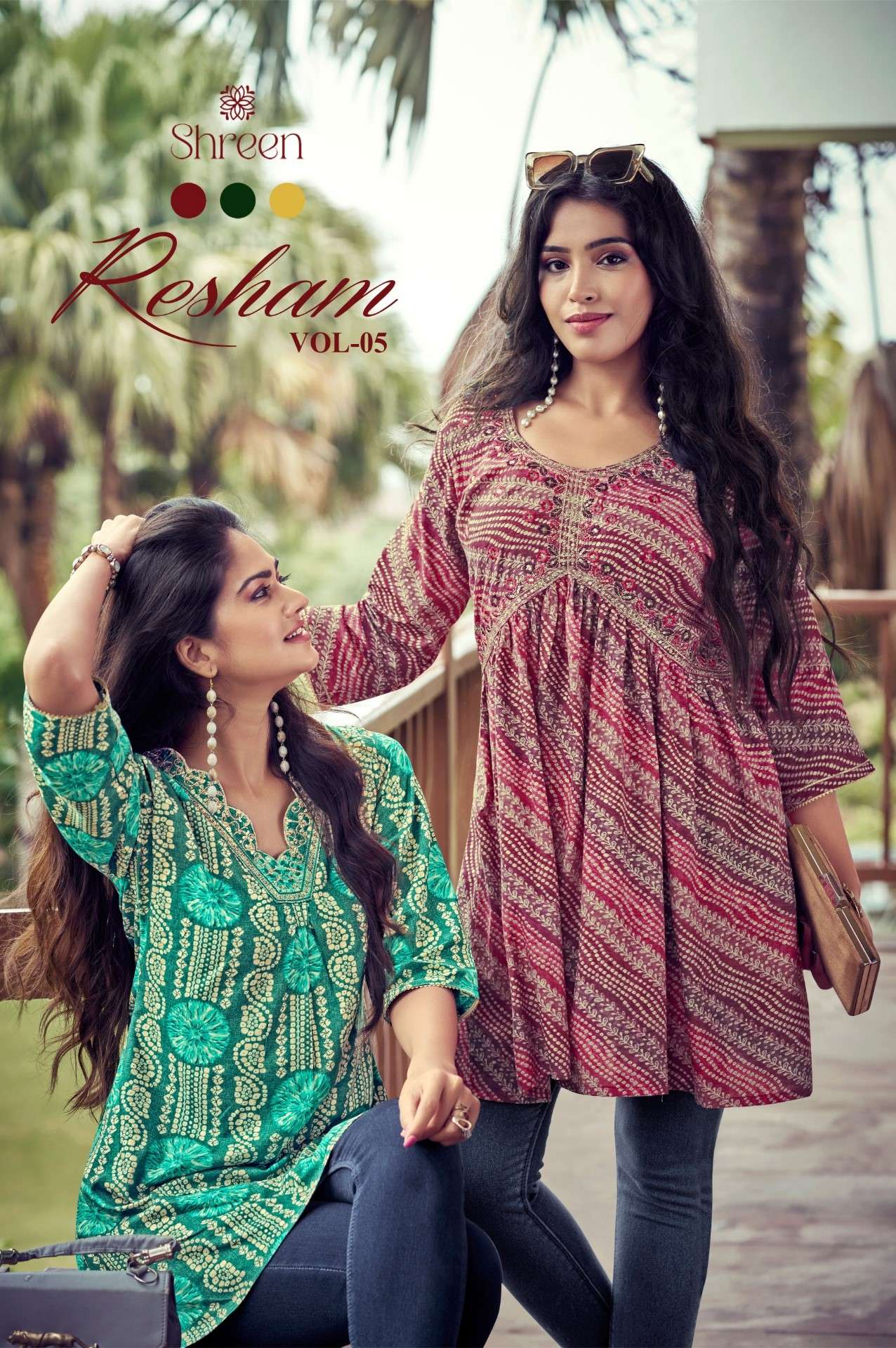 resham vol-5 by hinaya 1001-1007 series trendy western rayon prints tunics catalogue manufacturer surat gujarat