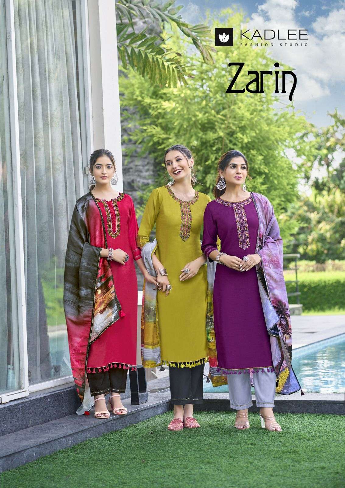 zarin by kadlee 1001-1006 series viscose weaving top bottom with printed dupatta set latest design 2024