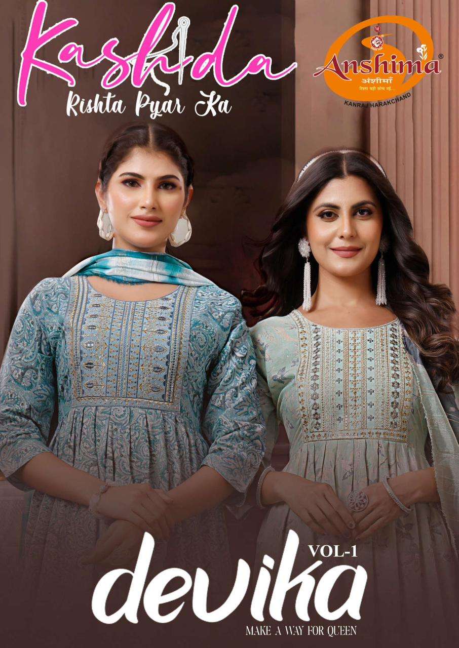 devika vol-1 by kashida 3001-3010 series capsule foil printed kurtis set buy online surat gujarat 