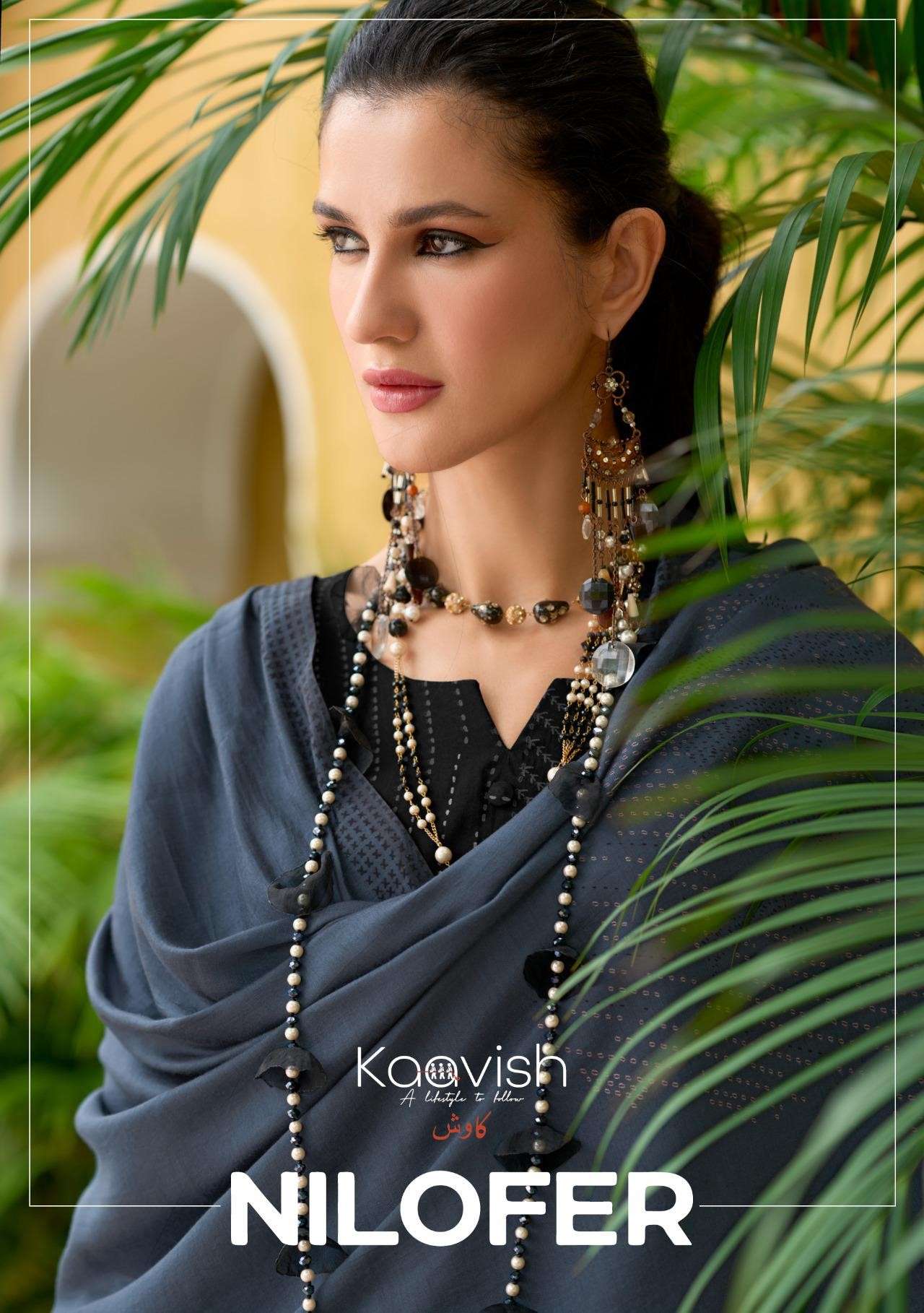 nilofer by kaavish fashion 1001-1004 series pure viscose muslin salwar kameez catalogue dealer surat gujarat 