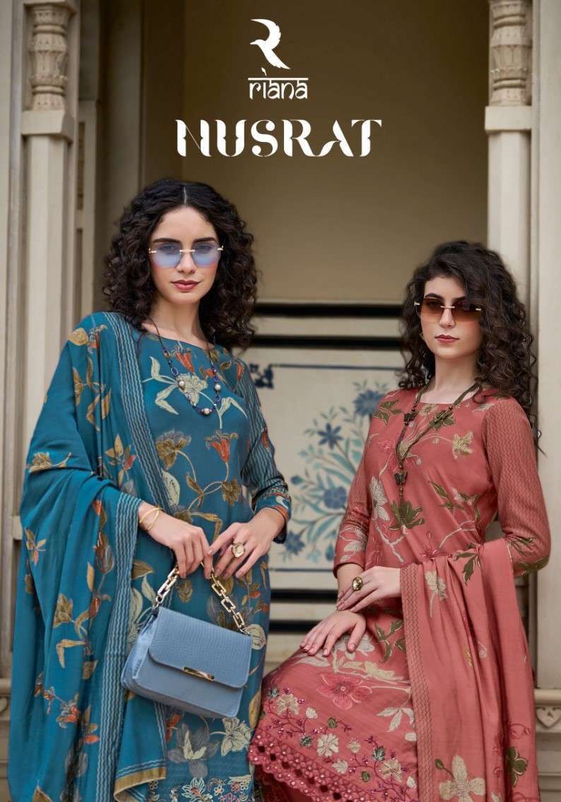 nusrat by riana 1111-1116 series designer unstich pure muslin dress material catalogue online shopping surat gujarat 