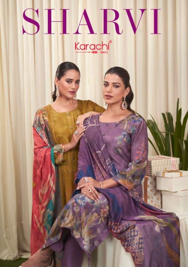 sharvi by karachi prints 45001-45004 series printed designer dress material catalogue online purchasing surat gujarat 