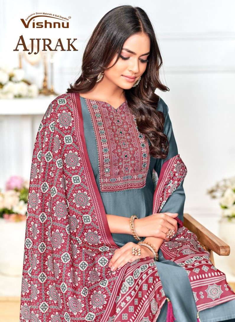 ajjrak by vishnu impex 84001-84012 series fancy designer unstich dress material catalogue manufacturer surat 