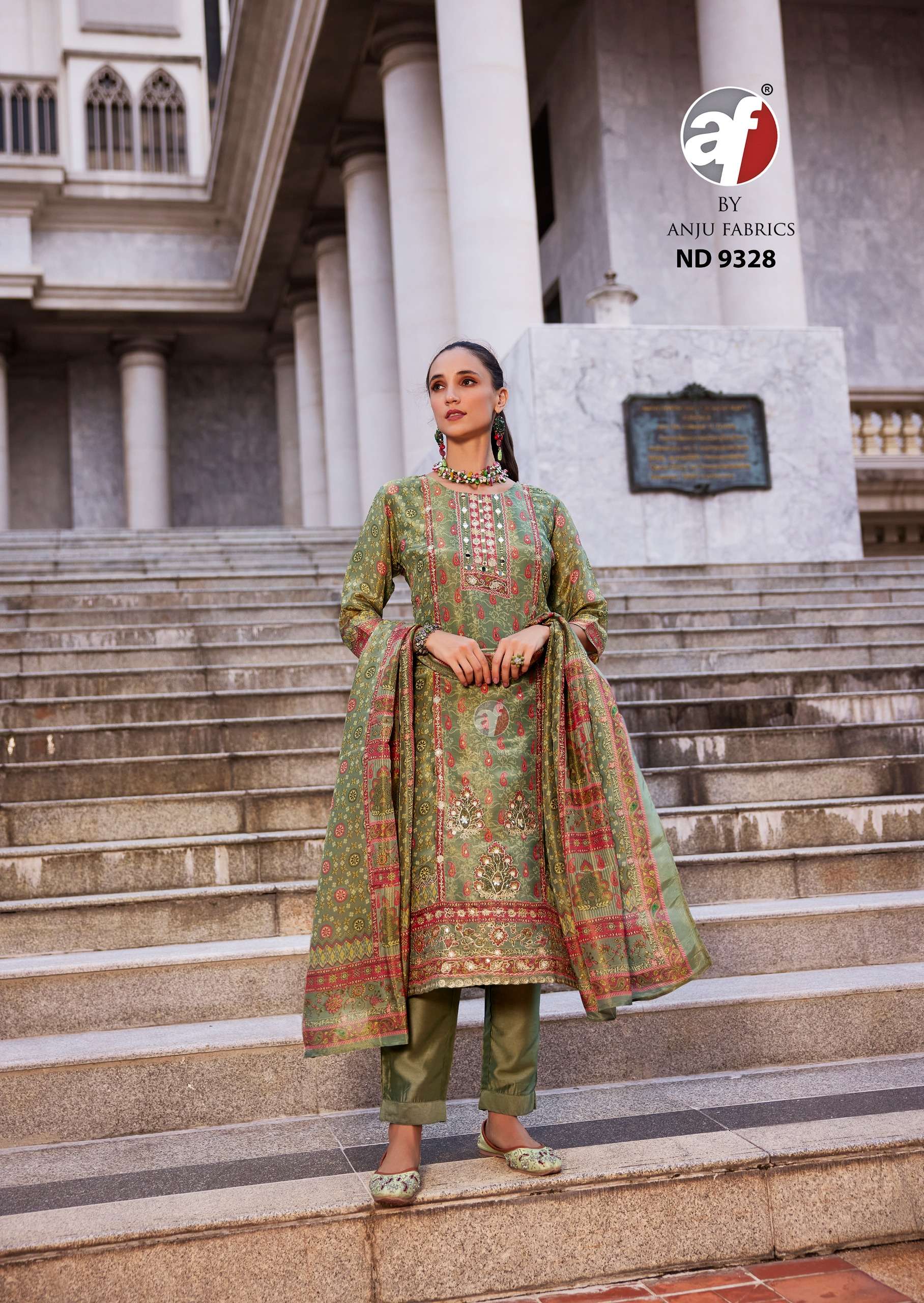 anju fabric 9328 designer tissue shimmer ready made wholesale size set suits catalogue 