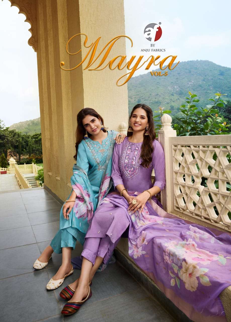 anju fabric mayra vol 5 3851-3856 series party wear blended shimmer stich kurti pant set catalogue wholesale price surat 