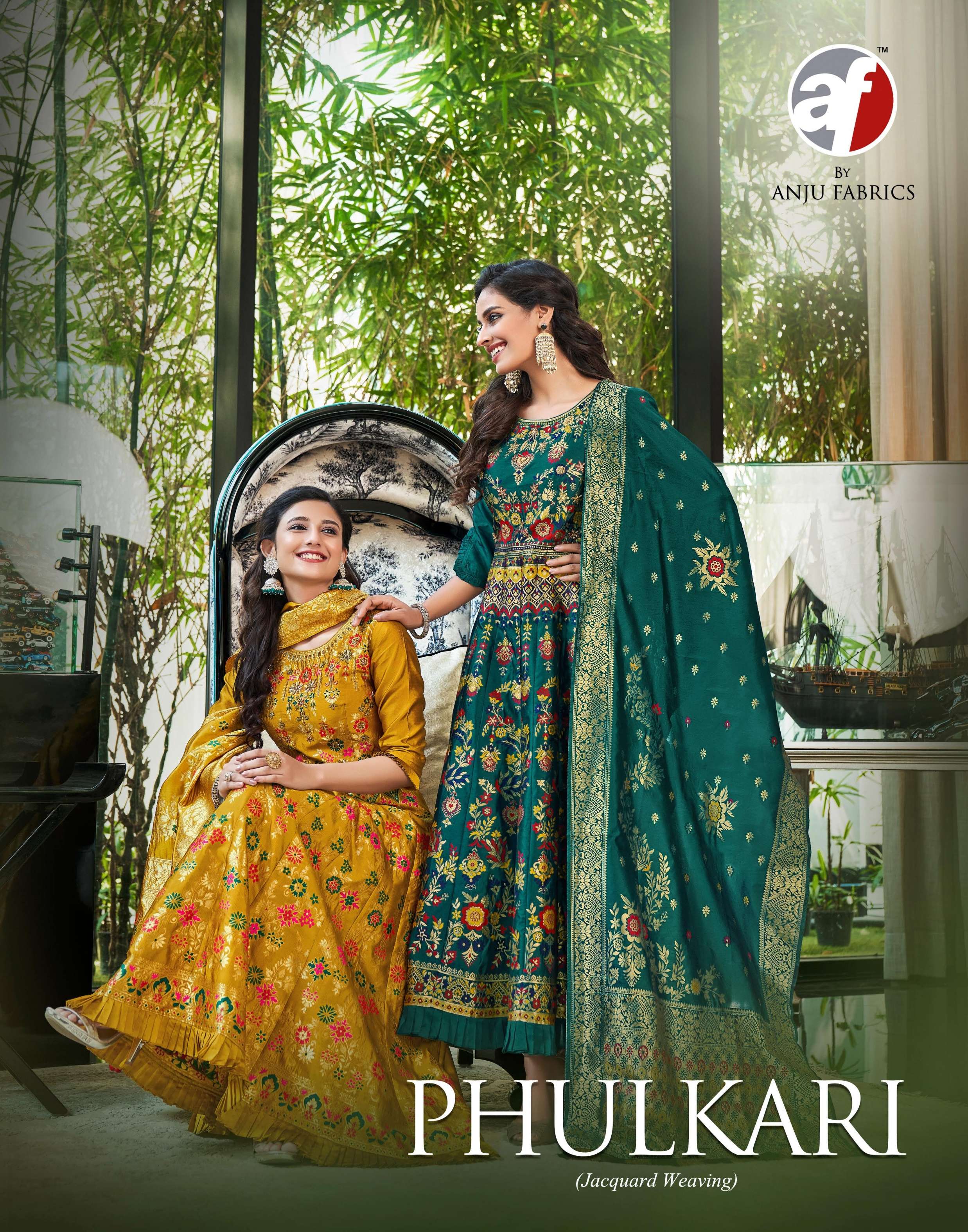 anju fabric phulkari 2591-2596 series designer party wear silk jacquard ready made gown dupatta catalogue surat 