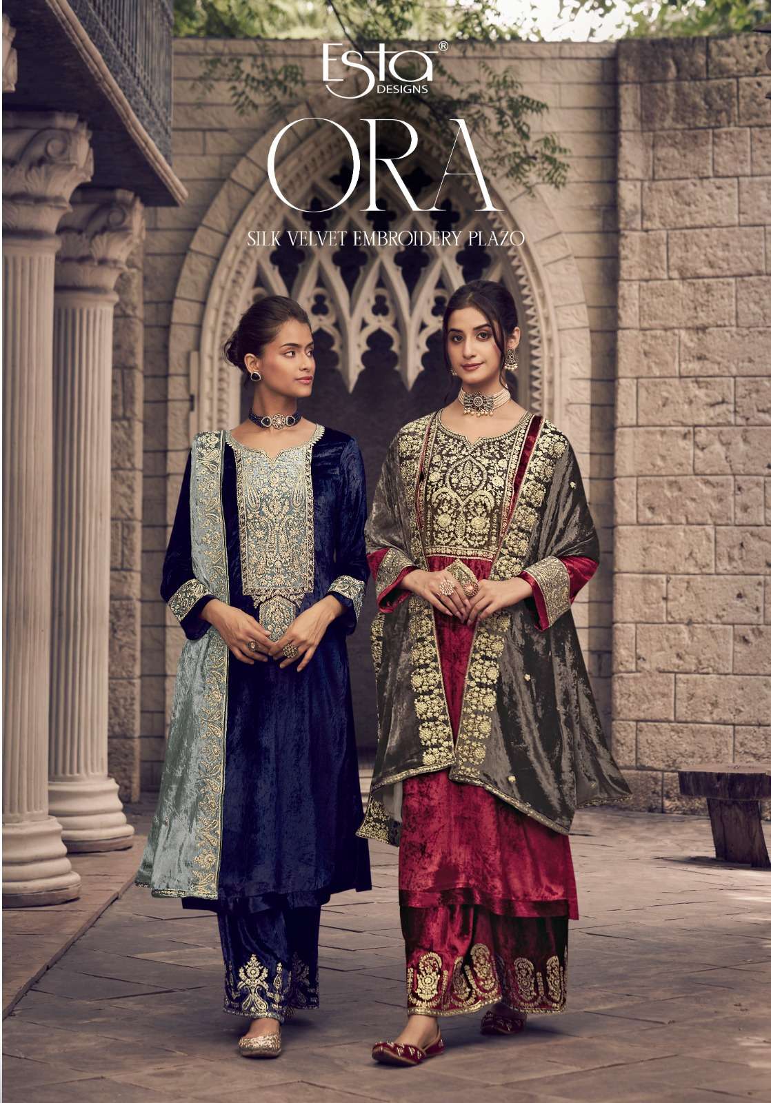 esta designs by ora 101-106 series party wear silk velvet embroidred plazo suits wholesale dealer at surat
