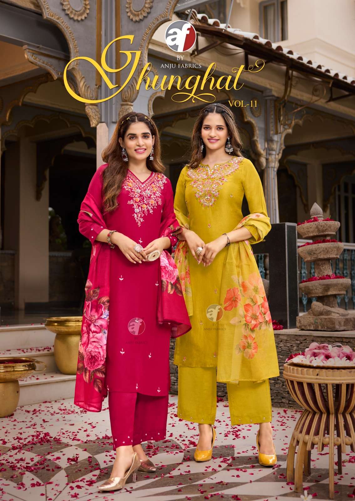 ghunghat vol-11 by anju fabrics 3861-3866 series kurti with wide pant and dupatta set online purchasing surat gujarat 