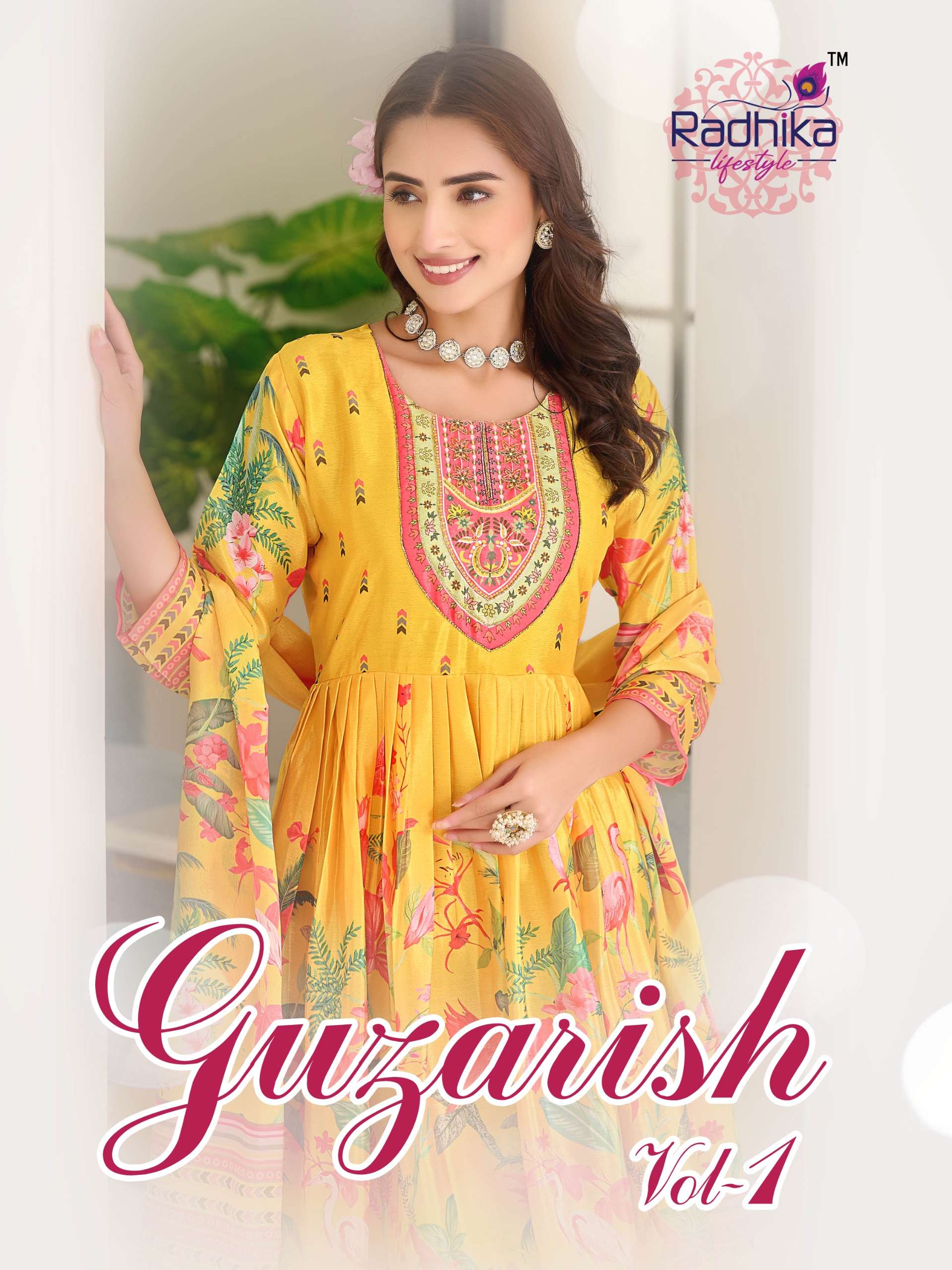 guzarish vol-1 by radhika lifestyle 1001-1004 series fancy designer kurti gown pant with dupatta set surat gujarat 