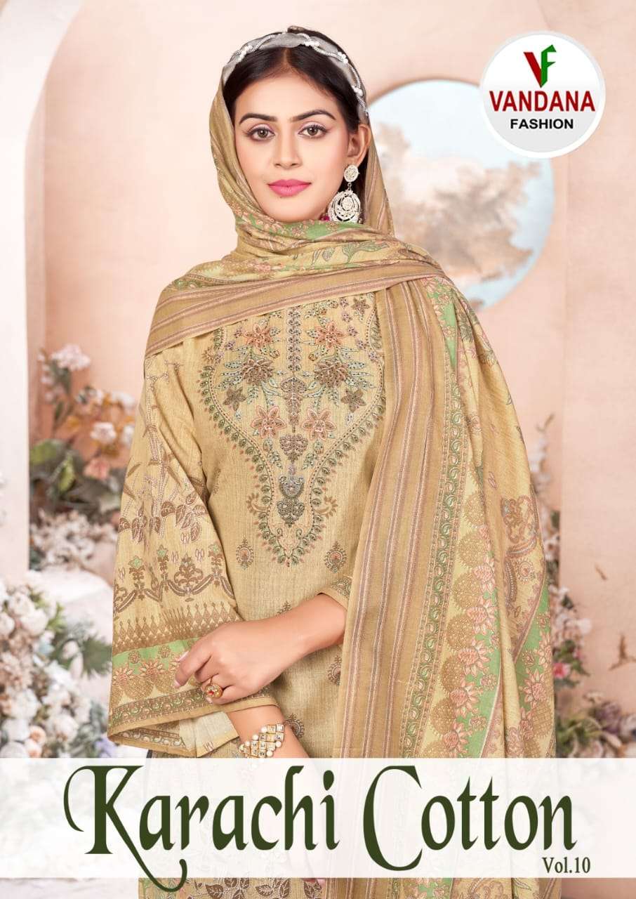 karachi cotton vol-10 by vandana fashion 10001-10010 series fancy designer unstich cotton suits catalogue online surat gujarat 