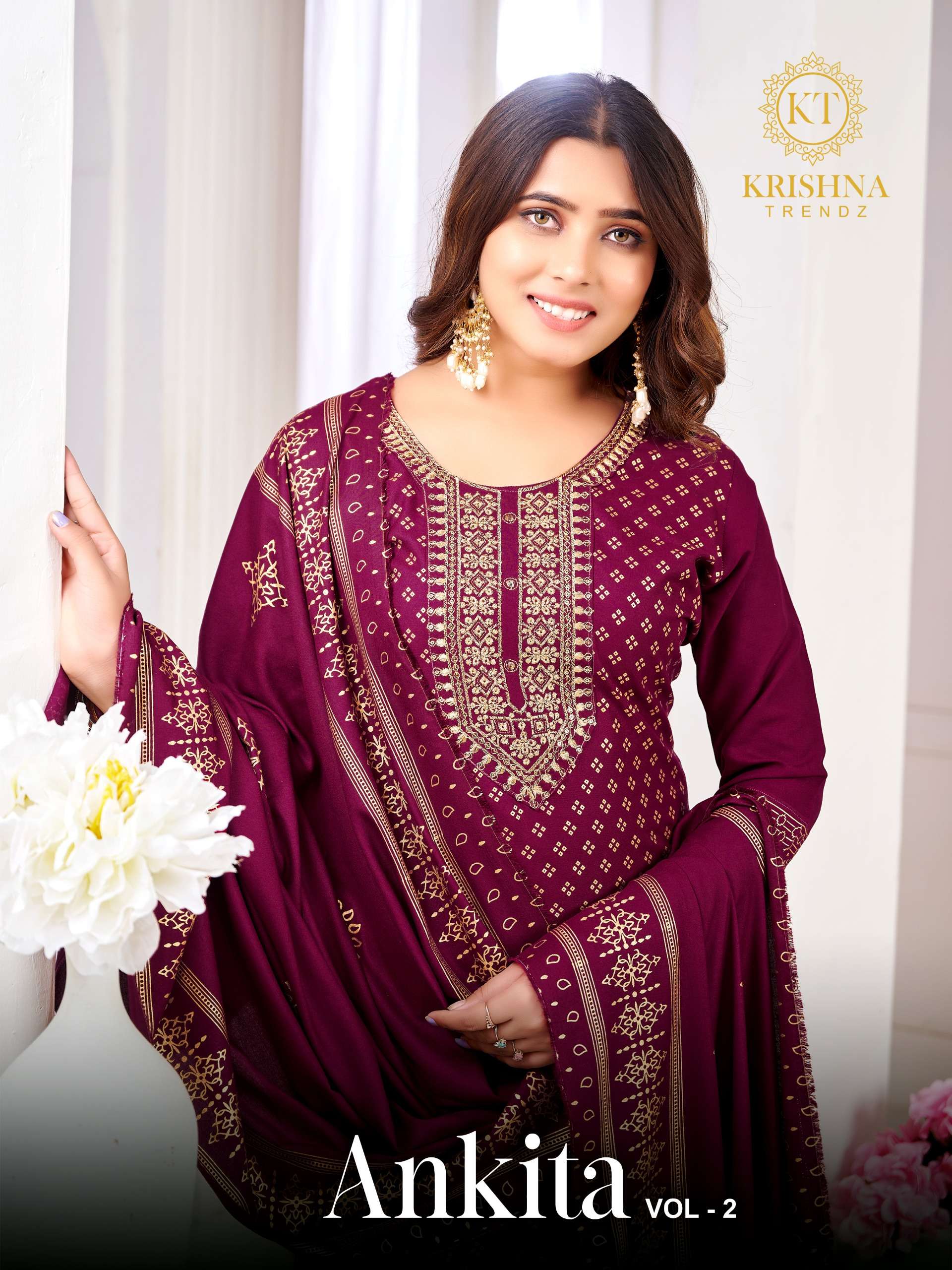 krishna trendz ankita vol 2 1001-1008 series designer ready made reyon foil printed salwar kameez wholesale price surat 